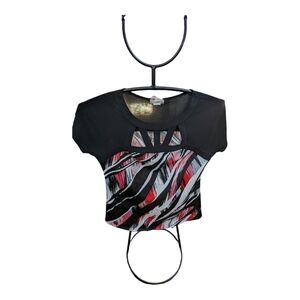 VTG Ivy Ridge Black print Colorblock cut out abstract top Medium